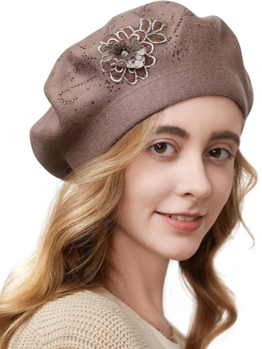 Women's French Style Flower Knitted Embroidery Beret Hats Khaki